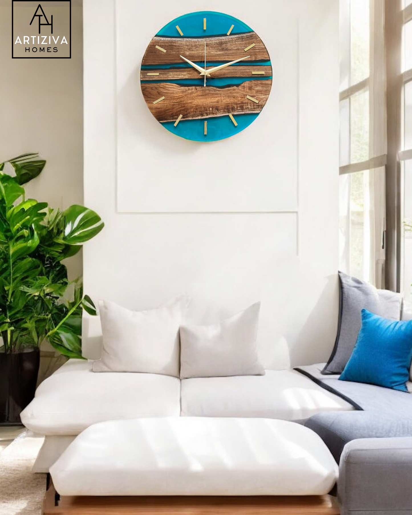 The Blue Lagoon Teak Wood Clock -Statement Clock 16"