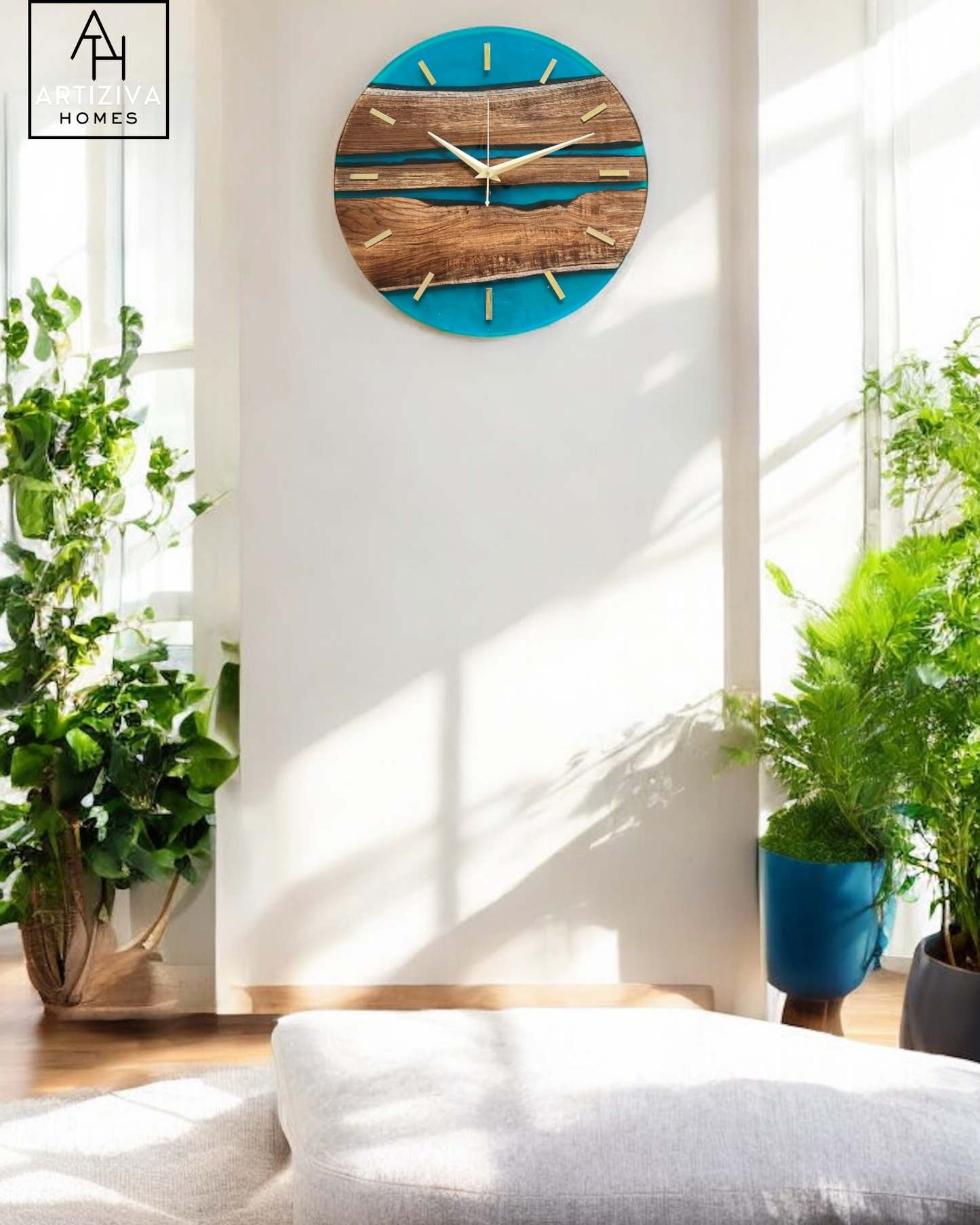 The Blue Lagoon Teak Wood Clock -Statement Clock 16"