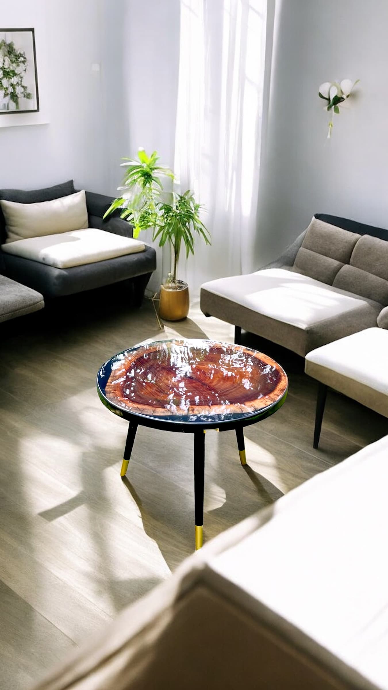 Blue-green resin river coffee table