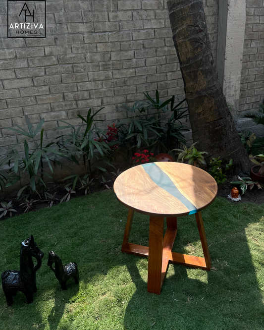 Teal Serenity Wood Cookie Corner Table – A Fusion of Nature & Elegance