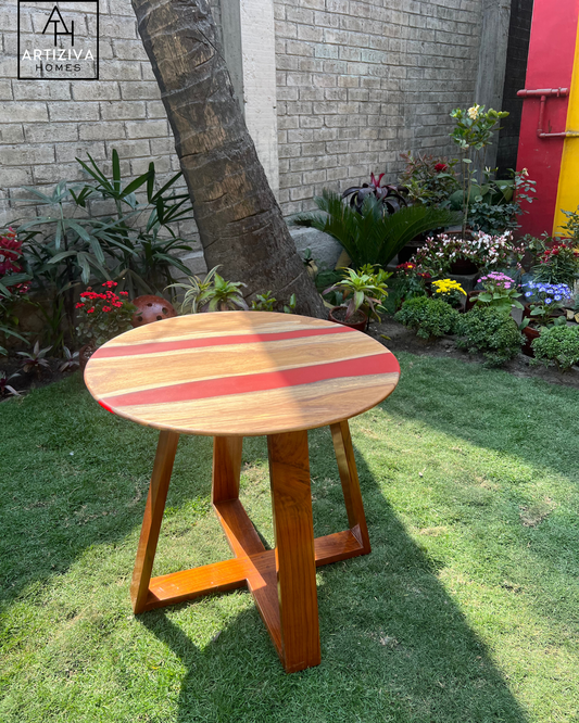 Crimson Flare Teak Corner Table – A Bold & Striking Accent