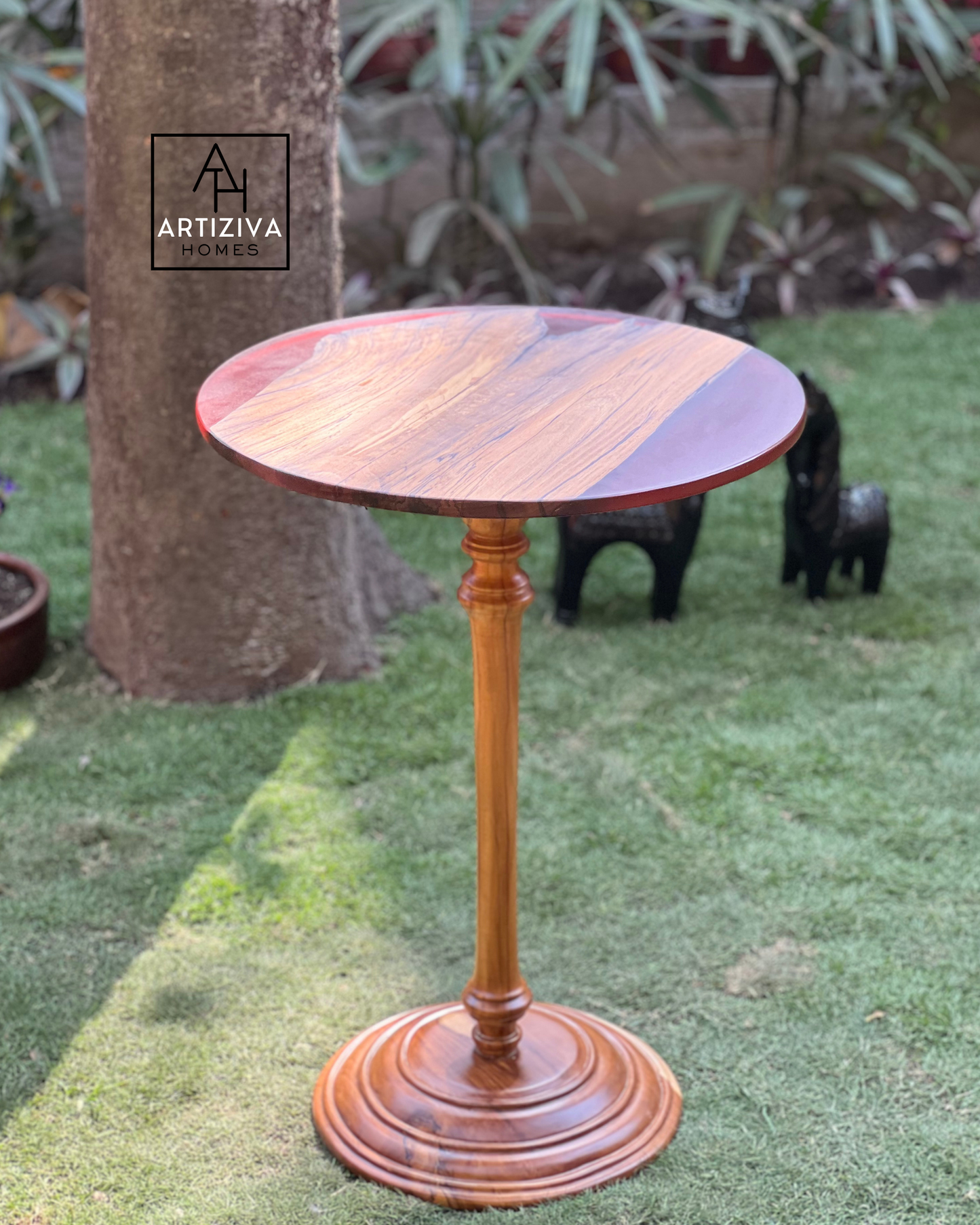 Raspberry Bloom Wood Cookie Corner Table – A Bold & Elegant Accent